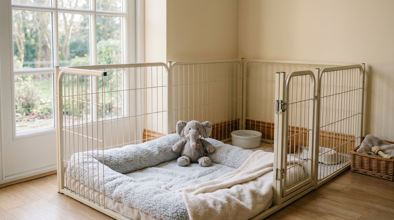 Leeres, sauber vorbereitetes Welpengehege mit frischer Decke und einem einzelnen Stofftier am Fenster